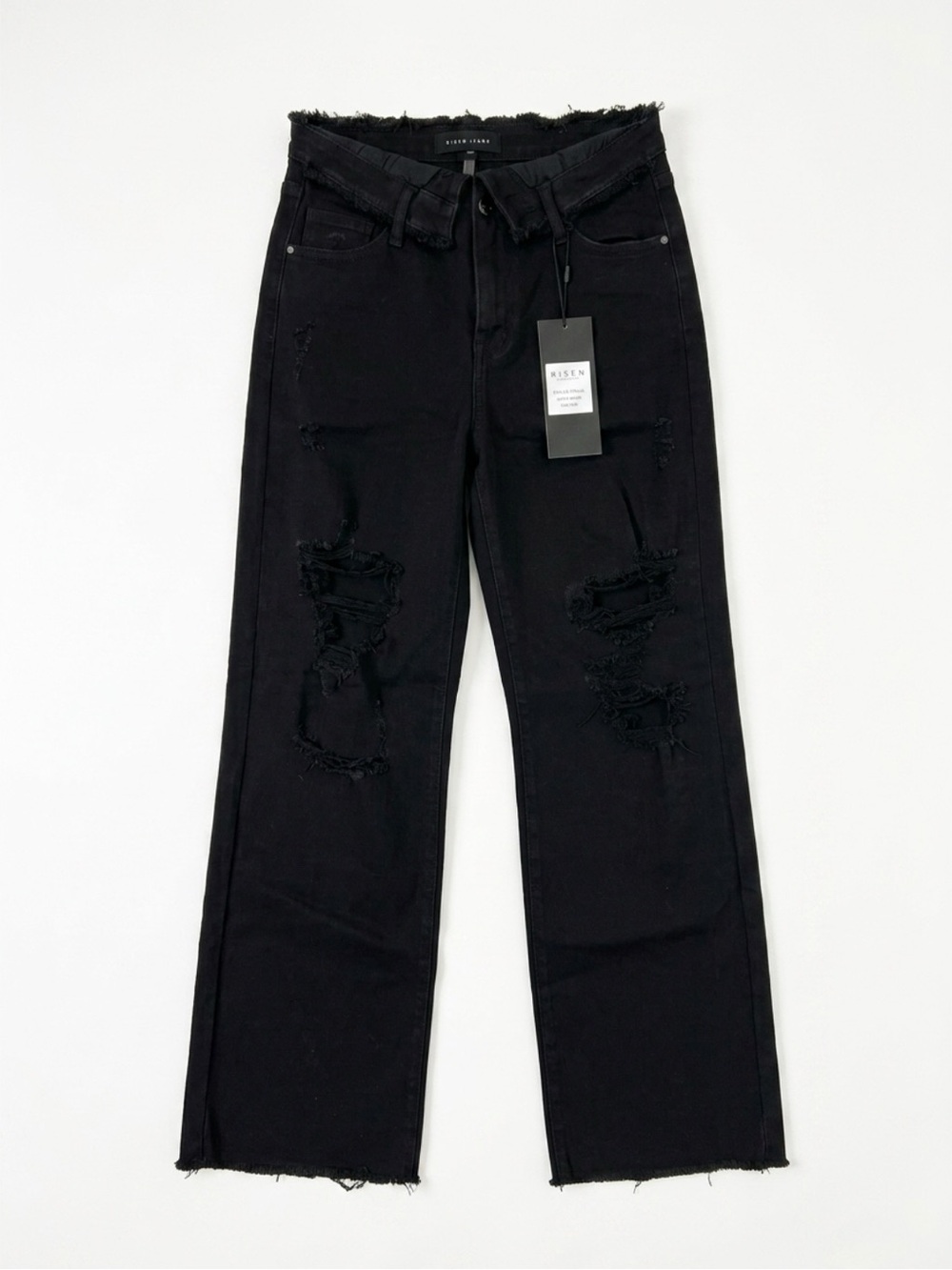 Risen Jeans NWT Black Distressed Foldover Waist Wide Leg Jeans Size 9/29